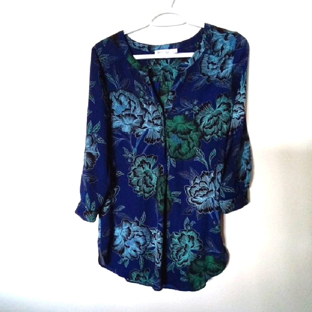 Revolution Women's Dark Blue With Graphic Floral V-Neckline Tunic Blouse